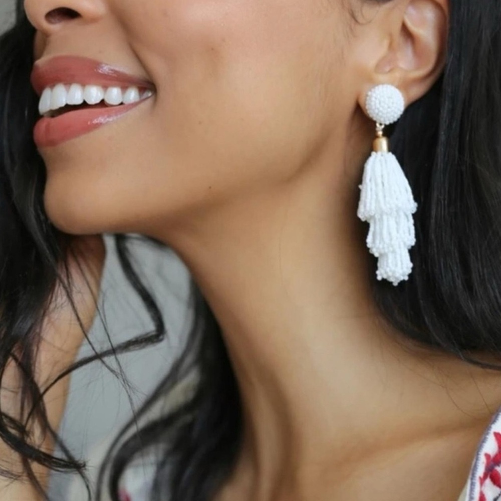 Panacea Beaded Tassel Earrings White & Gold NWT